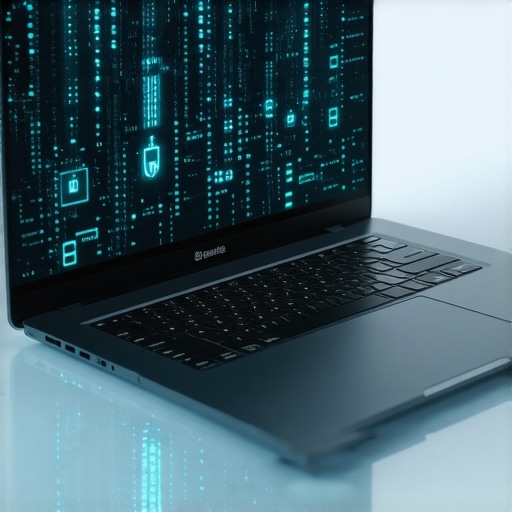 Illustration of ultrabook security features with layered defenses and power management icons.