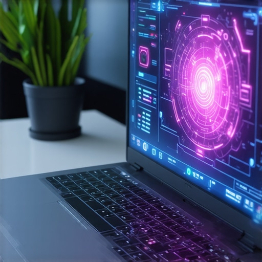 Futuristic ultrabook showcasing biometric sensors and AI security interface
