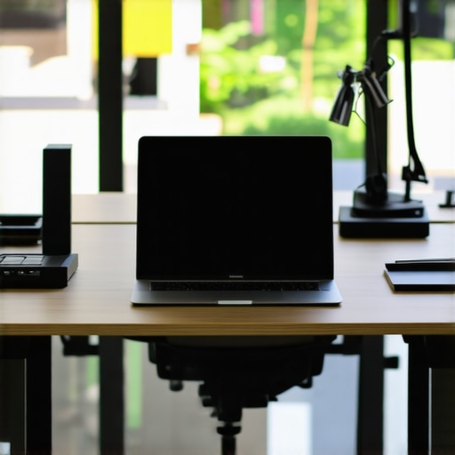 Ultrabook with peripherals in a modern office environment emphasizing security and flexibility.