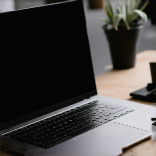 Professional workspace with a secure business laptop showing security features and long battery life