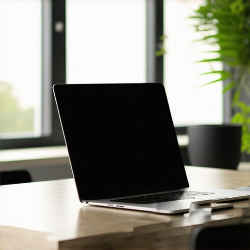 Sleek business laptop displaying security features and extended battery life on a modern desk.