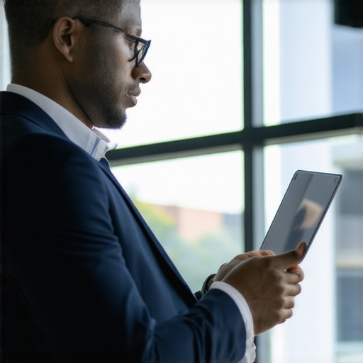 Business person working on a secure ultrabook in a contemporary office environment