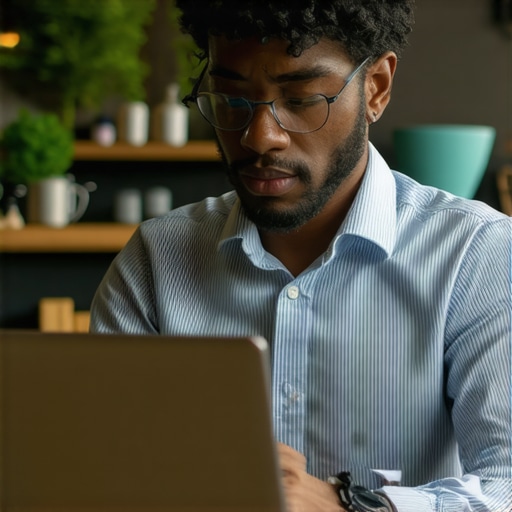 Professional using ultrabook with security features in a cafe
