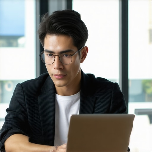 Professional working on a lightweight ultrabook with security features in an office environment.