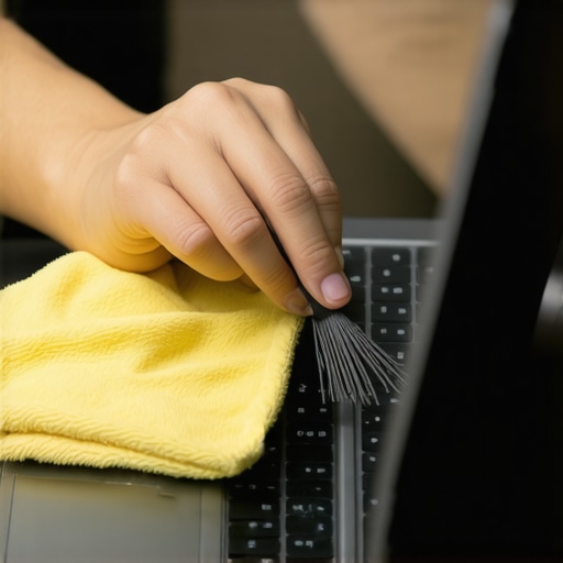 Person cleaning a business laptop with compressed air and microfiber cloth, illustrating maintenance.