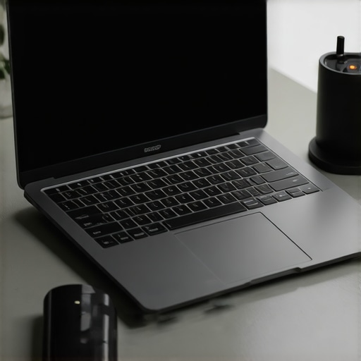 A workspace with ultrabooks, security icons, and charging stations