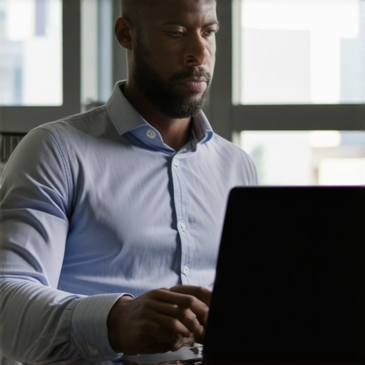 Business professional testing a high-security, long-battery laptop in an office setting.