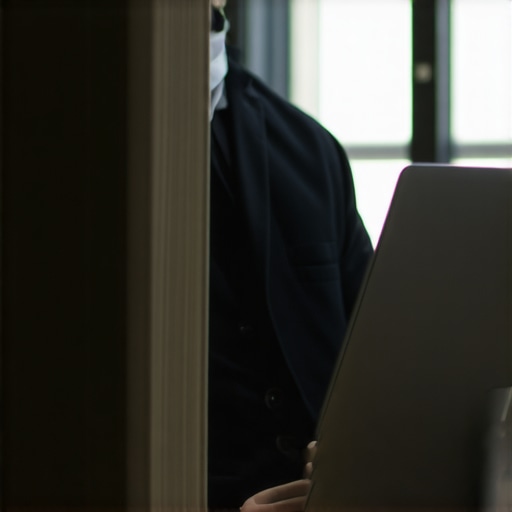 Business professional using ultrabook with security features in an office.