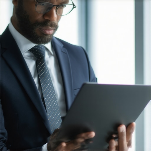 A professional user working on a lightweight, security-equipped ultrabook in an office environment.