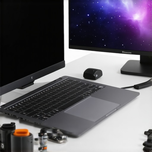 A professional workspace with ultrabook, docking station, monitor, and maintenance tools