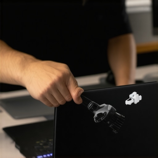 Person using compressed air to clean a thin ultrabook on a desk