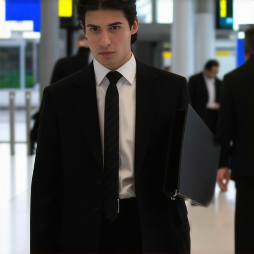 Business professional carrying a slim ultrabook through an airport terminal, highlighting portability and security features.