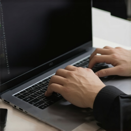 Hands using diagnostic tools on an ultrabook in a professional workspace.
