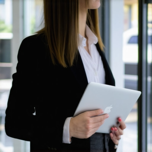 A business professional holding an ultralight laptop while walking through an office corridor.