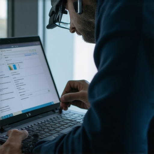 Technician using tools to verify firmware security on a lightweight business laptop