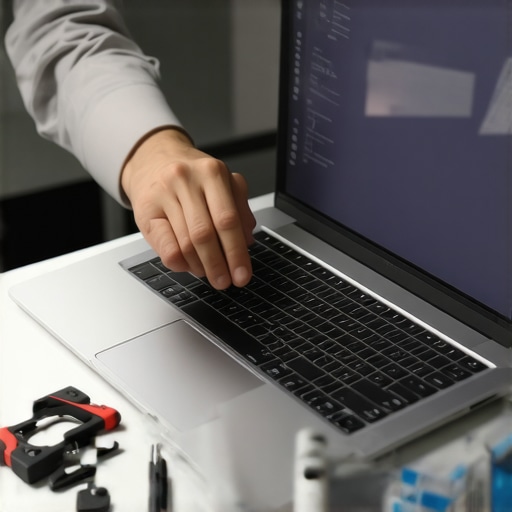 Person cleaning and updating a lightweight business laptop with software tools and accessories