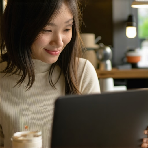 Woman using a lightweight ultrabook secured with biometric login in a cafe environment