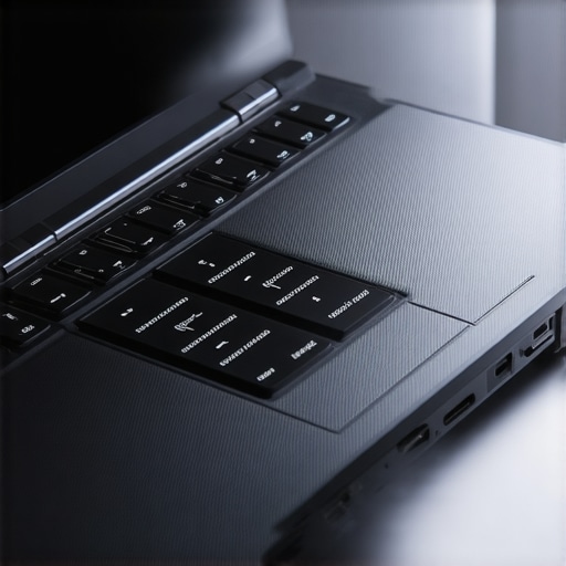 Close-up of a lightweight ultrabook with visible hardware security locks and kill switches.