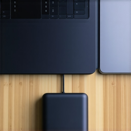 Modern ultrabook connected to a portable power bank on a desk, ready for long work hours.